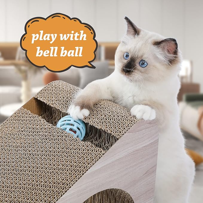 PAWZ Road Cat Scratcher, Triangle Cardboard Cat Scratcher 28.3” Large Scratch Pad 2 in 1 Cat Tunnel Scratcher with Interactive Toy Balls for Indoor Cats
