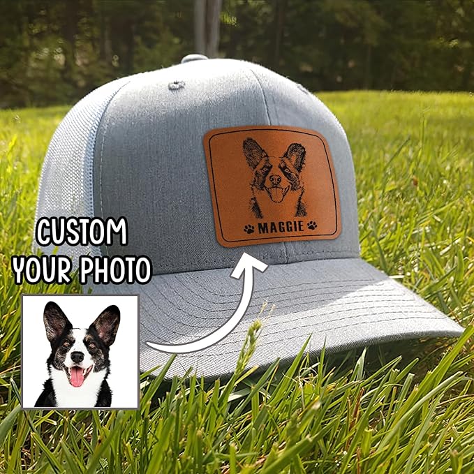 Custom Dog Photo Engraved Trucker Hat Leather Patch, Personalized Hat with Photo, Custom Cap Gift for Dog Dad, Pet Lover on Birthday, Father's Day