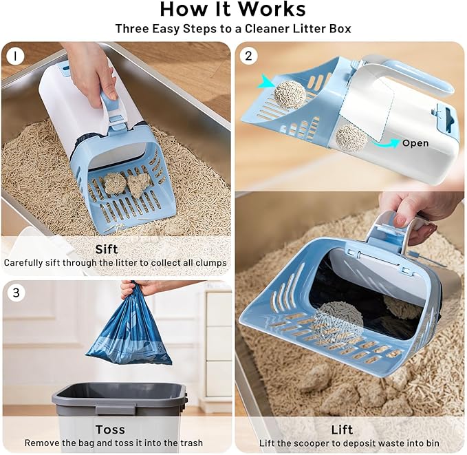 Cat Litter Scoop with Holder & Trash Can, 3-in-1 Mess-Free Poop Scooper Includes 90 Bags, Litter Box Scoop Shovel for Sifter Box Waste Disposal, Blue White