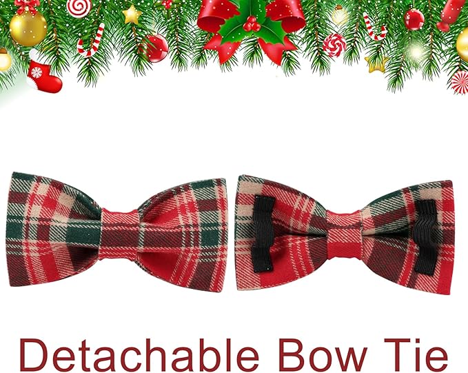 Christmas Plaid Dog Collar with Bow Tie– Adjustable Red & Green Checkered Dog Collar for Small Medium Large Dogs, Soft Xmas Plaid Puppy Collars with Quick Release Buckle XL