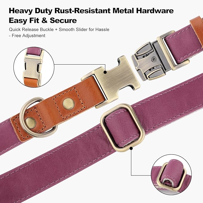 Plutus Pet Genuine Leather & Hemp Dog Collar – Adjustable Heavy Duty Pet Collar with Quick Release Metal Buckle, Soft & Stylish for Puppy and Small, Medium, Large Dogs (Purple, XS)