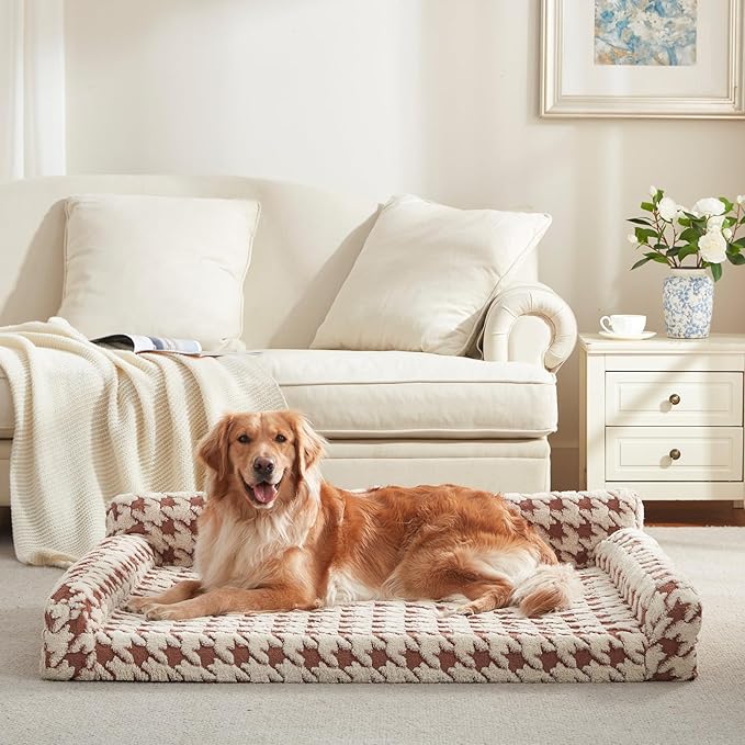 FURTIME Orthopedic Dog Beds Large Sized Dog, XXL Washable Memory Foam Pet Couch Bed with Removable Washable Cover, Non-Slip Bottom with Bolster Sides, Brown