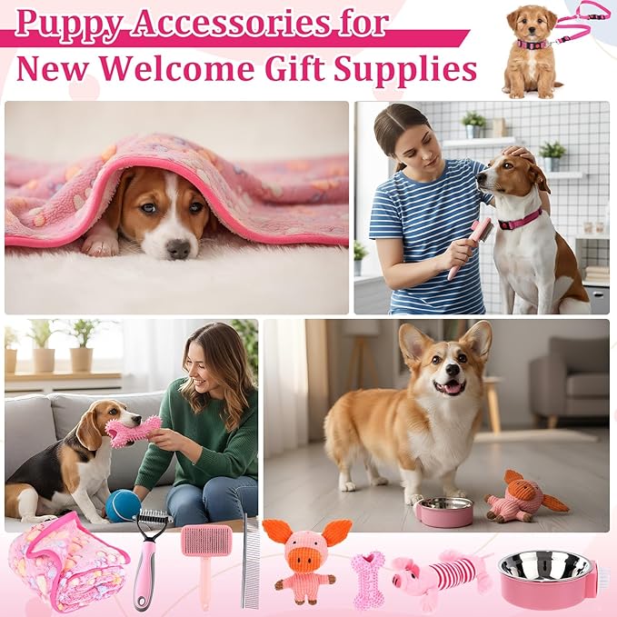 30 Pcs Puppy Supplies Starter Kit for Small Dogs Essentials Include No Pull Dog Harness, Collar, Leash Set, Toys, Bowl, Water Bottles, Pet Grooming Kit, Puppy Accessories for Welcome Gift