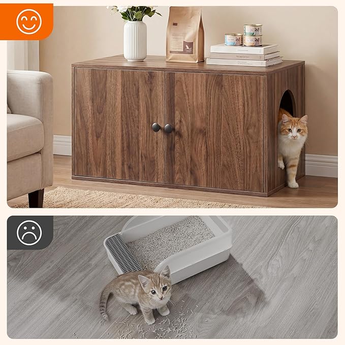 HOOBRO Cat Litter Box Enclosure, Hidden Litter Box Furniture with Side Entry, Litter Box Cabinet, Indoor Cat House, End Side Table, 31.5"L x 17.7"W x 16.3"H, for Living Room, Bathroom, Walnut WL40MW01