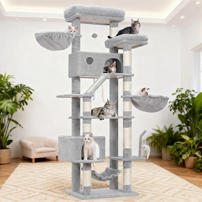 Cat Tree for Large Cats, 78.7"(200cm) Tall Cat Tower for Indoor Cats Multiple Cats with Large Top Perch, Cat Condo, Cat Hammcok, Cat Scratching Post, Light Gray GCT031W