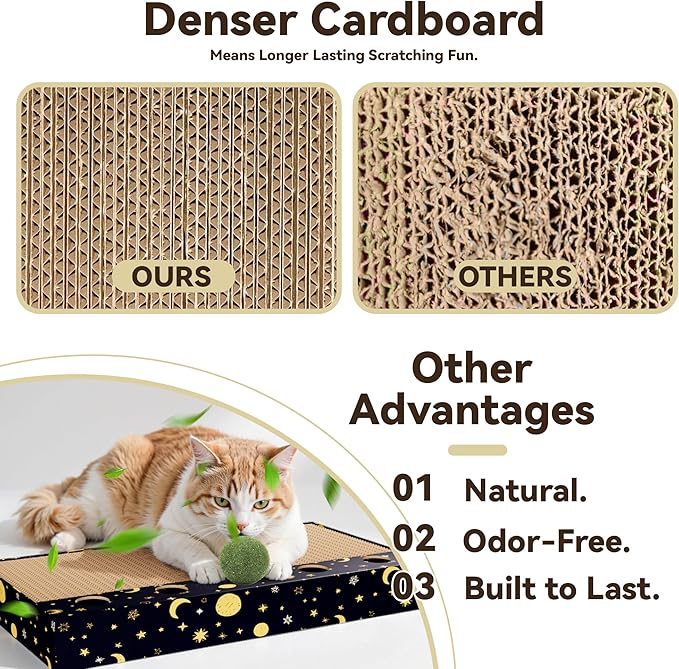 6-Pack Cat Scratcher Cardboard with 3 Box Loungers, Reversible Cat Scratching Pad Refills with Bell Toys, High Density Corrugated Scratch Board for Indoor Cats (Starry Night Design)