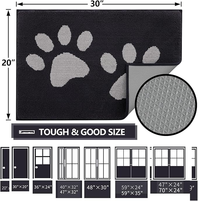 Buganda Dog Door Mat for Muddy Paws, Absorbent Dirt Trapper Washable Indoor Doormats, Non Slip Low-Profile Mud Mat for Dogs, Front Entrance Doormat for Inside Floor (70x24 Inches, Black and Grey)