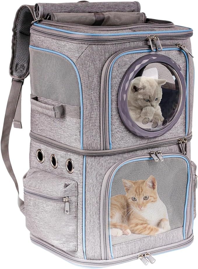 2-in-1 Pet Carrier Backpack for Two Cats or One Dog, Double-Layer 2 Compartment Carry Bag to Transport Small Animals Traveling and Hiking, Space Capsule Clear Bubble Dome