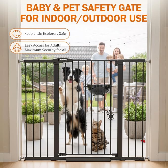 Mumeasy 36" Extra Tall Baby Gate for Stairs, 29.7-51" Wide Dog Gates Indoor for Doorways with Easy Walk Thru, Auto Close Pet Safety Gate for House, Pressure Mounted Metal Child Gate with Door, Black