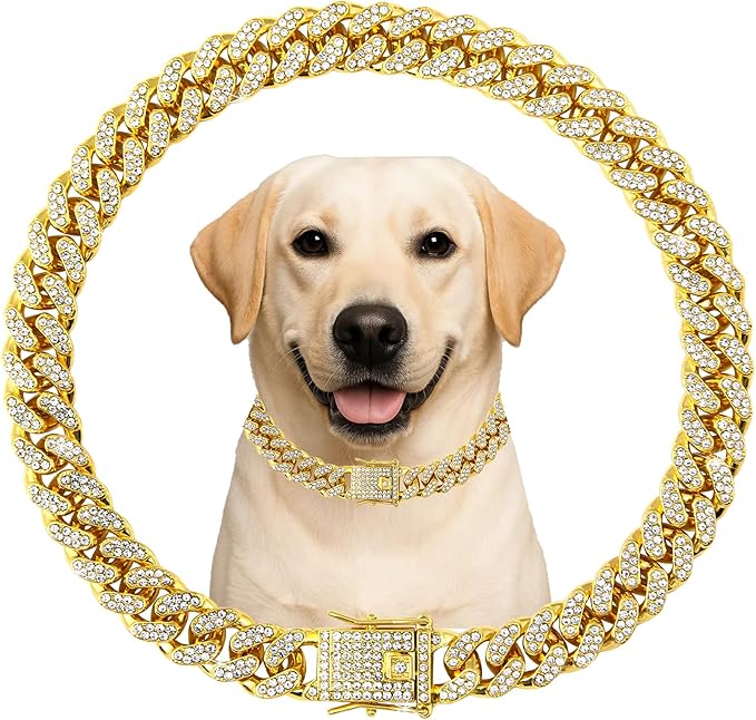 Dog Chain Designer Gold Crystal Pet Collar Cuban Link Chain with Secure Buckle Luxury Adjustable Necklacefor Small Medium Large Dogs Cats(Glod 16inch)
