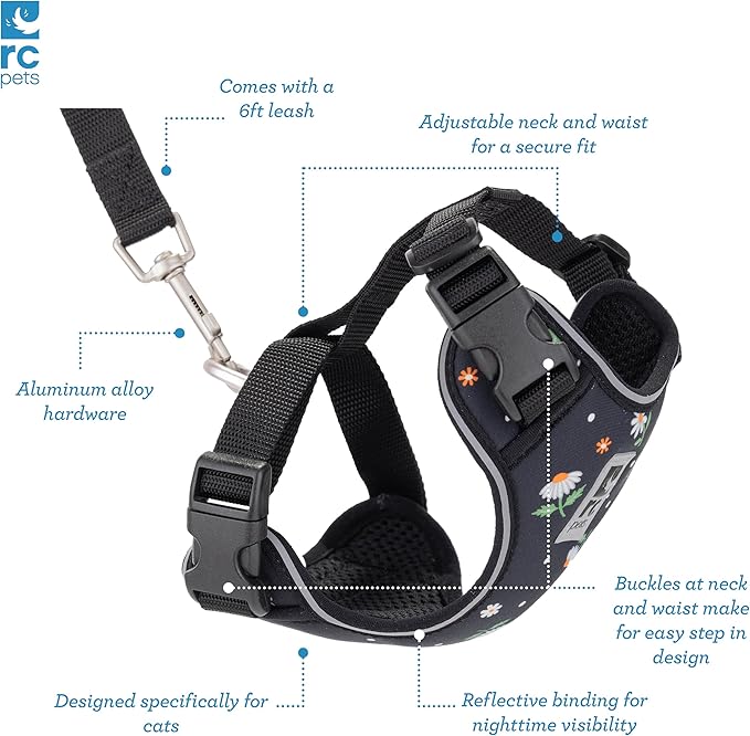 RC Pets Adventure Kitty Cat Harness | Adjustable Airmesh Vest with D-Ring and 6ft Leash for Walking and Travel | Daisies, Small