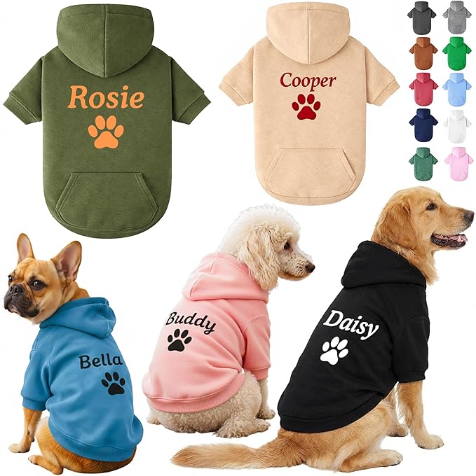 Personalized Dog Hoodie with Name/Text, Custom Embroidered or Printed Dog Sweater, Warm Winter Hoodie for Puppies, Cute Birthday Outfit, Unique Gift for Pet Lovers, A1