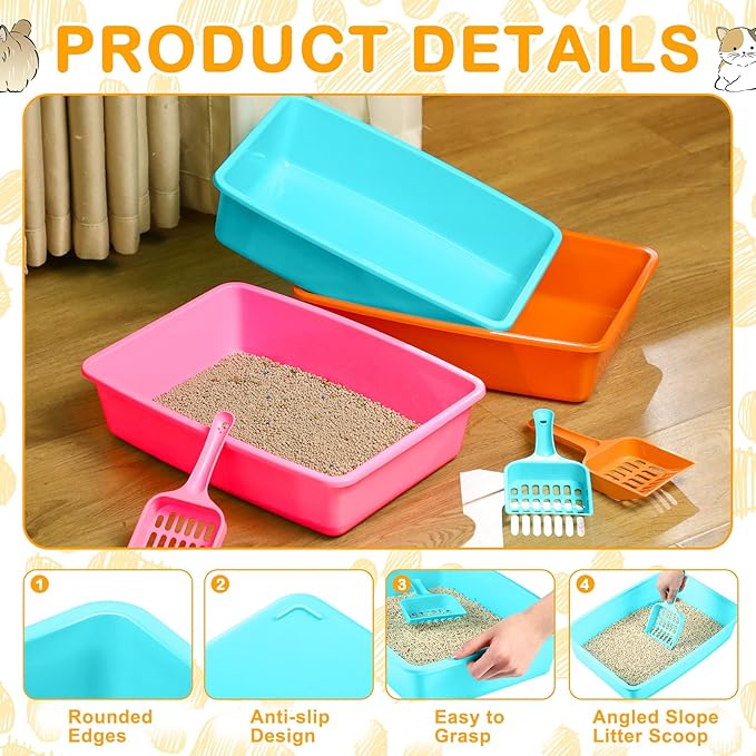 Amyhill 10 Pcs Open Cat Litter Box Kitten Litter Pan with 10 Scooper Medium Plastic Pet Tray Durable Nonstick Kitten Box for Indoor Pets Cats Rabbit Supply Easy to Clean,14.6x10.6x3.4 Inch, 5 Color