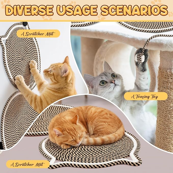 25.6 Inch Large Scratching Mat for Indoor Cats Natural Cotton Rope Flat Scratcher with Ear Hooks and Ball Toy Cat Scratch Rug Pad for Wall, Couch, Carpets, Sofas (Dark Brown)
