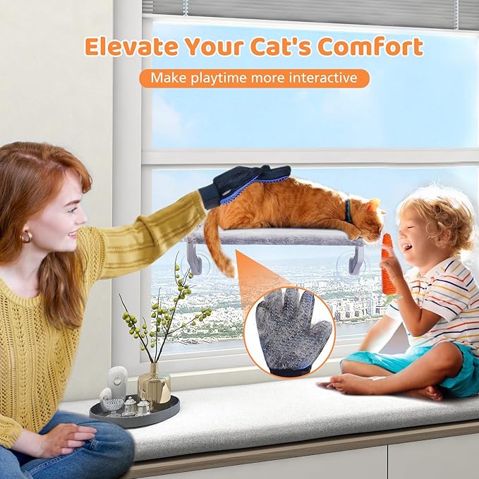 2 in 1 Cat Window Perch,Cat Window Hammock with Metal Sliding Clamping Adjustment,Removable Two Fabrics Cover,4 Suction Cups,Window Beds for Indoor Cat(26"x13")