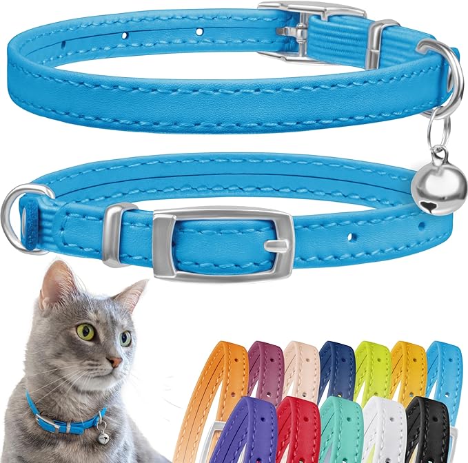 CollarDirect Leather Cat Collar with Bell - Kitten Collar, Small and Big Cat for Boy Cats, Girl Cats with Safety Elastic Strap (Neck Fit 8"-11", Light Blue)