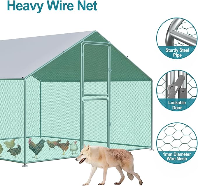 Large Chicken Coop, Chicken Coops for 10 Chickens, Chicken Runs for Yard with Water Poof & UV Resistance Cover, Spire Roof Chicken Coop Run with Double Lockable Doors for Outdoor Backyard
