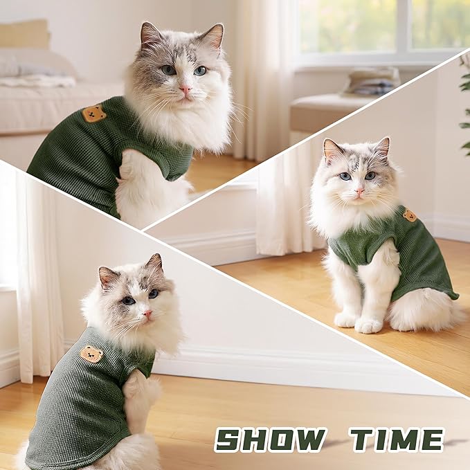 Waffle Knit Cat & Dog T Shirt for Small Dogs, Stretchable Puppy Shirt for Sphynx Cats & Small Breeds, Pet Clothes | Breathable Summer/Winter Apparel for Newborn(Green Medium)