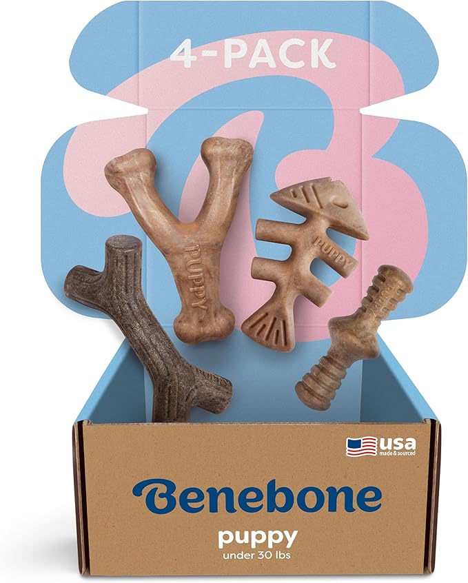 Benebone Puppy 4-Pack Dog Chew Toys, Made in USA, 30lbs and Under, for Modest Chewers