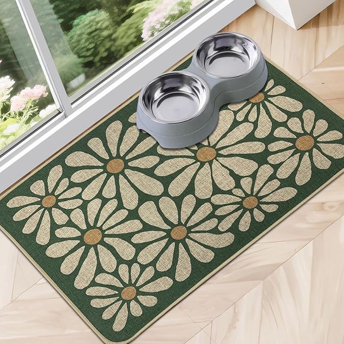 SHIYUE Dog Food Mats for Floors, Absorbent Cat Bowl for Food and Water, Non-Slip Accessories Pet Supplies(17"x30",Forest Green Flower)