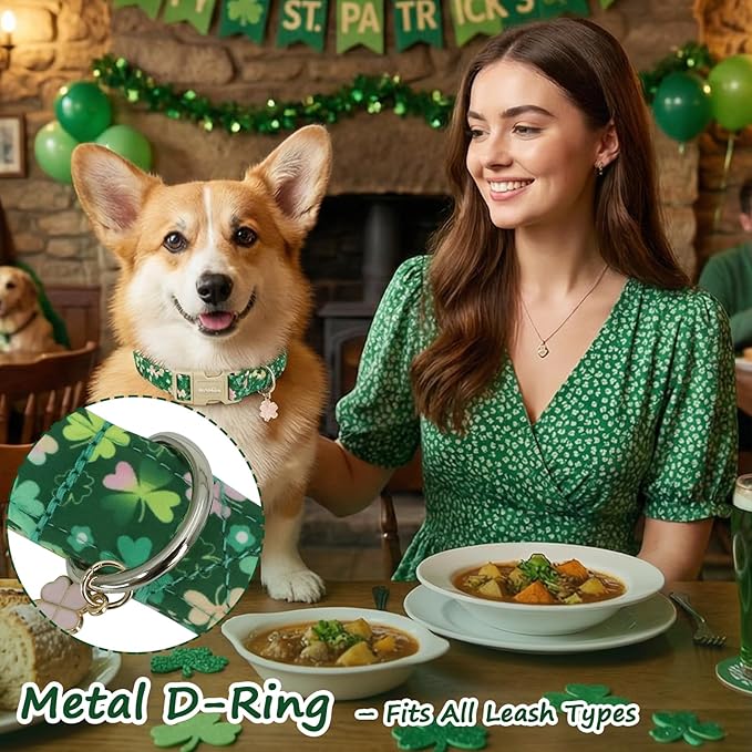 St. Patrick's Day Dog Collar,Green Clover Lucky Shamrock Puppy Collar,Adjustable Spring Cotton Collars Gifts for Small Medium Large Dogs,Dog Accessories L