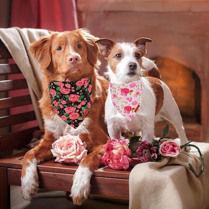 ADOGGYGO Floral Dog Bandana 2 Pack, Reversible Red Pink Rose Pet Scarf Bib, Adjustable Fit Cute Floral Bandanas for Medium Large Dogs Pets (Large)