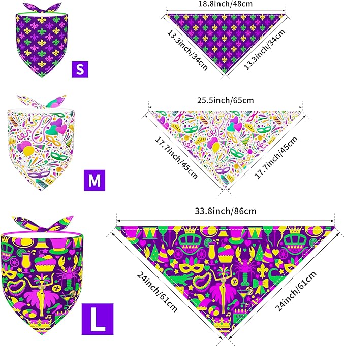 PET SHOW 50 Pack Mardi Gras Dog Bandanas Bulk for Extra Large XL Dogs Washable Adjustable Pet Scarf Triangle Bibs for Dogs Green Yellow Purple Decorative Grooming Accessories