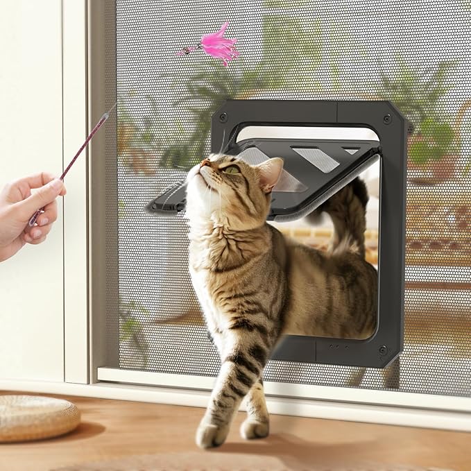 LIBBEPET Cat Door for Screen Door, Lockable Cat Screen Door for Cats & Small Dogs Up to 20 lbs, Magnetic Flap Opening 7 x 9 inches, Equipped with Interactive Cat Toy & Installation Tools, Black