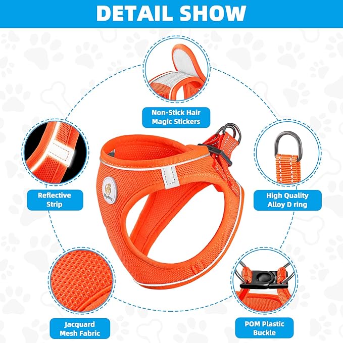 Hipubby Dog Harness and Leash Set, No Pull Soft Mesh Puppy Harness for Small Medium Dogs, Cats - Step in Reflective Breathable Lightweight Vest Harness for Walking, Training - Orange, M