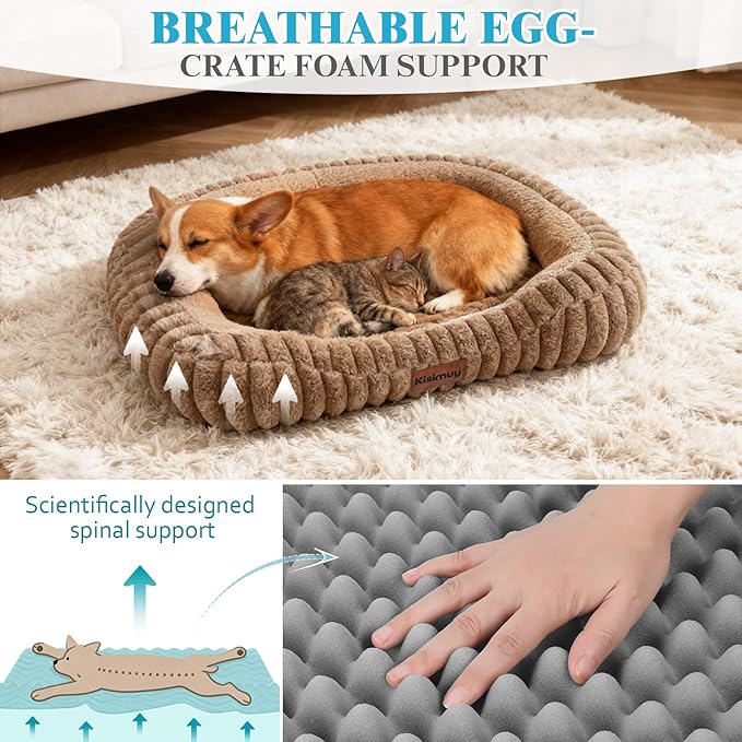Cute Dog Bed for Medium Size Dog, Calming Medium Dog Cat Bed with Anti-Slip Bottom, Washable Soft Faux Fur Pet Bed, Rectangle Puppy Bed with Handle for Indoor Pets, 30" x 24" x 5", Brown