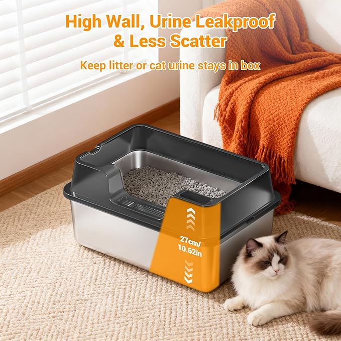 Stainless Steel Litter Box, XL Enclosed Cat Litter Boxes with Lid for Big Cats and Multi-Cats, High Sided, Anti-Urine Leakage Non-Stick Bottom Include Scoop Easy to Clean