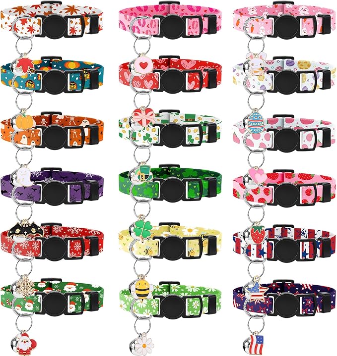 18 Pcs Holiday Cat Collars St. Patrick's Day Cat Collars with Bell Adjustable Breakaway Kitten Collar with Plastic Buckle for Holiday Pet Cat Costume,Multicolor