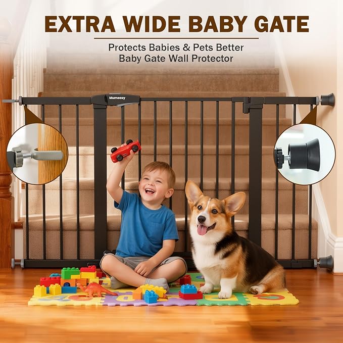 Mumeasy 29.7–51 Inch Extra Wide Baby Gate for Stairs, Extra Long Indoor Dog Gate for Doorways, Pressure Mounted Walk Thru Child Gate with Auto-Close, No-Drill Safety Pet Gate with Door for House,Black