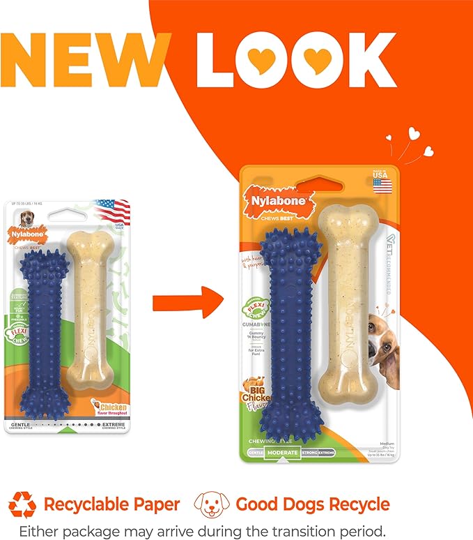 Nylabone Original Bone Flexi Chew Toy for Dogs, Flexible Dog Toys for Moderate & Gentle Chewers, Chicken Flavor, Medium - Up to 35 lbs, 2 Pack