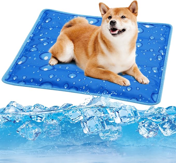Upgrade Dog Cooling Mat Portable Water Injection Pet Cooling Pad Summer Self Cooling Ice Silk Pet Blanket Washable (Dark Blue, 17.7" Lx23.6 W)