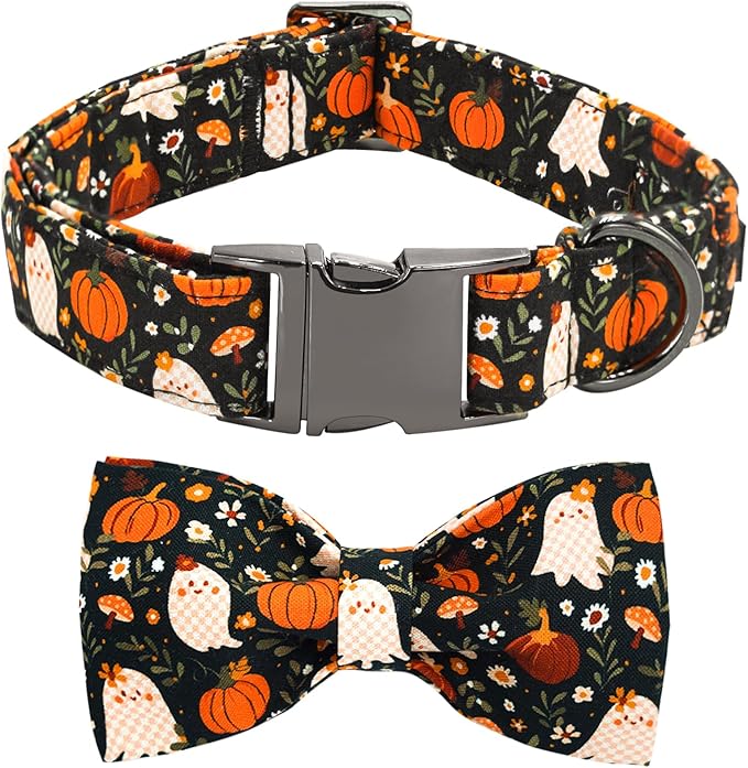 Halloween Dog Collar, Ghost Print Adjustable Pet Collar Fall Pumpkin Cute Cotton Soft Collars with Bow Tie Fall Metal Buckle Holiday Puppy Collars Boy&Girl Gift for X-Large Dogs