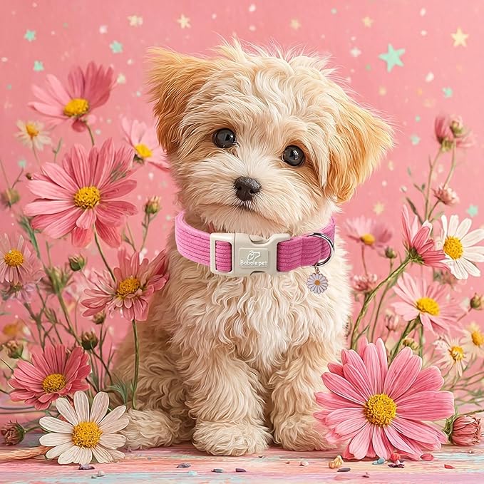 Cute Corduroy Dog Collar - Pink Adjustable Dog Collars for X-Large Dogs 80+lbs, Fade-Proof with Secure Snap & Little Charm, Christmas Birthday Gift, XL