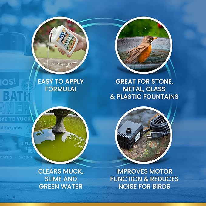 Bird Bath Cleaner for Outdoor Fountains and Bowls, Safely Cleans Metal, Glass and Stone (32oz)