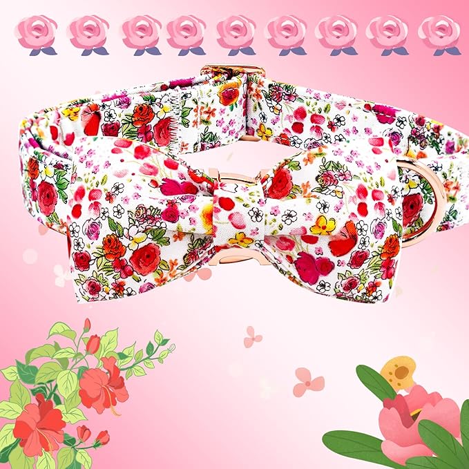 Elegant little tail Dog Collar, Pink Rose Print Pet Collar Summer Dog Collar Durable Metal Buckle Dog Collars Cotton Pet Adjustable Dog Collars for Medium Dogs