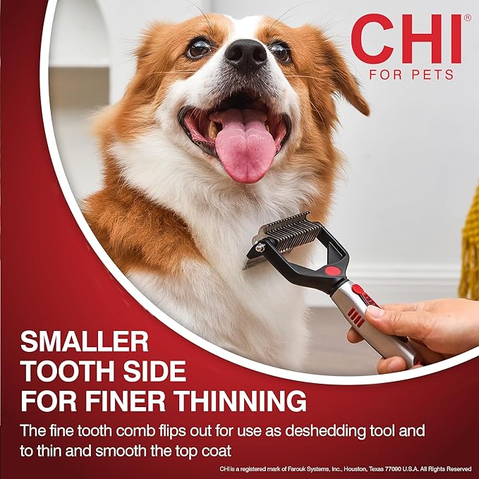 CHI for Dogs 2 in 1 Dematting and Deshedding Rake, Dual Head Dog Grooming Tool with Wide Tooth Dematting Rake and Fine Deshedding Rake, Detangler Comb for Thick Double and Long Dog Coat