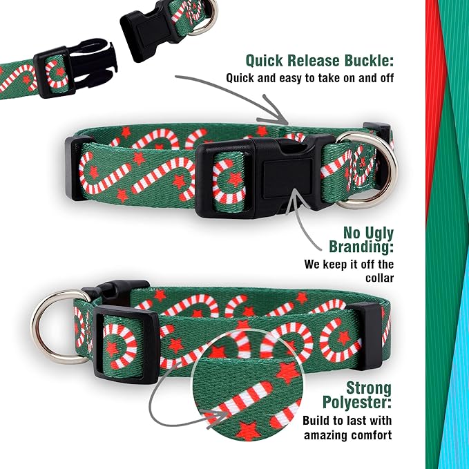 Native Pup Christmas Dog Collar- Winter Holiday Collars for Pets- Xmas Gift for Puppy- Santa, Reindeer, Snowman, Candy Cane, Red Green- Girl Boy- Small, Medium, Large Breeds (Candy Cane, Medium)