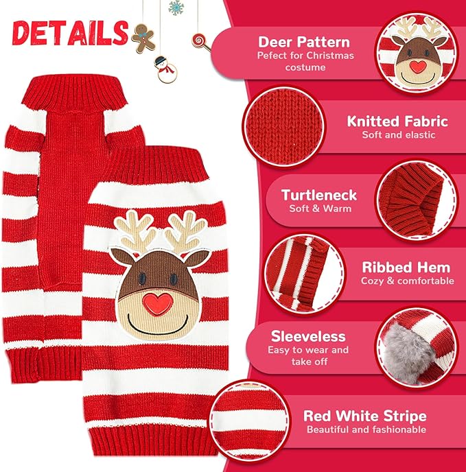 Dog Christmas Sweater Cute Striped Reindeer Xmas Pet Clothes Holiday Puppy Cat Costume New Year Gifts for Small Medium Large Dogs Jumpers (M, Red White Stripe Reindeer)