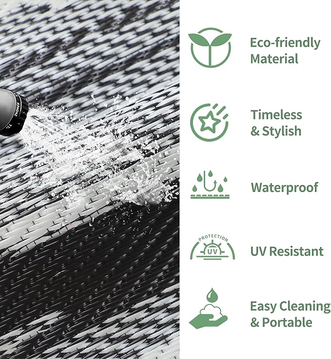 GENIMO Outdoor Rug for Patio Clearance, 6'x9' Waterproof Camping Mat, Reversible Plastic Straw Rugs for RV, Camper, Balcony, Backyard, Picnic, Deck (Black White)