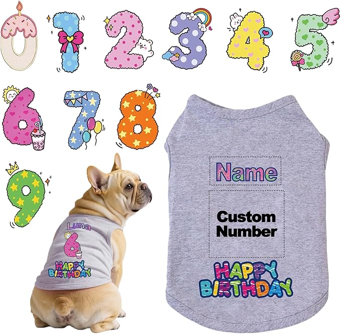 Custom Dog Birthday Shirt,Personalized Pet Apparel Print with Name Age Number,Pet Birthday Outfit,Lightweight Breathable Cotton Vest for Small Medium Large Dogs Cat (Grey, 8X-Large)