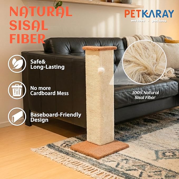 PETKARAY Couch Corner Cat Scratcher, 28.5" Sisal Scratching Post for Indoor Cats, Corner Wall Scratch Pad for Furniture Protection, Plush Base, Large