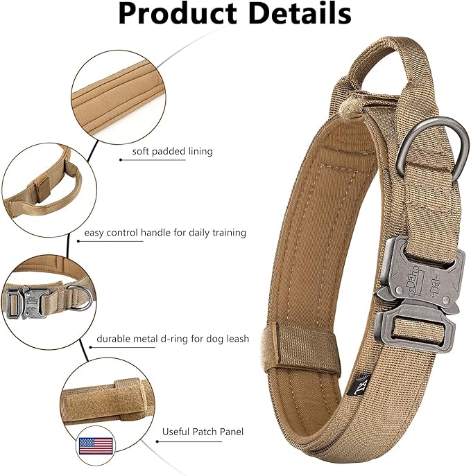 DAGANXI Tactical Dog Collar Leash Set, Adjustable Military Training Nylon Dog Collar with Controll Handle and Heavy Metal Buckle for Medium and Large Dogs，with Patches and Airtags Case (L, Brown-Set)