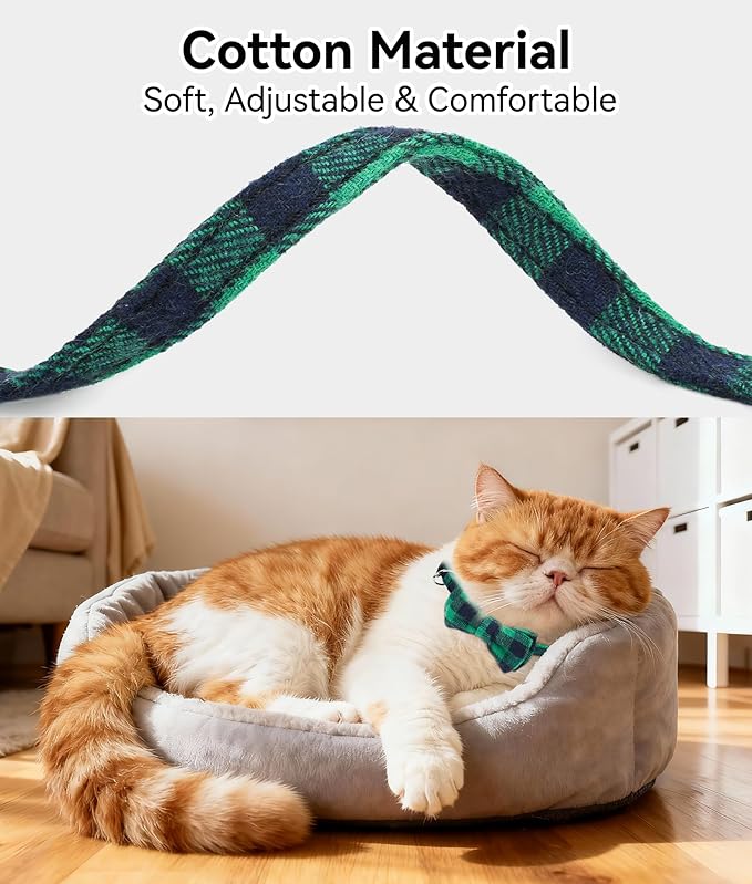Joytale Upgraded Cat Collar with Bells, Breakaway Cat Collars with Bow Tie, 2 Pack Girl Boy Safety Plaid Kitten Collars, Green+Orange