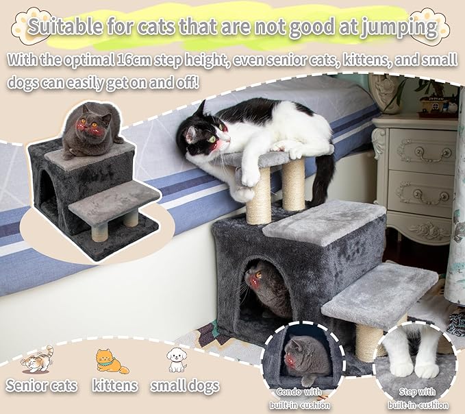 3-in-1 Pet Stairs for Cats for High Bed, Adjustable Dog Steps, Modular 3-Tier, Cushioned Steps & Cat Condo, Adjustable Entrance, Dangling Ball, for Kittens, Senior & Cats (Grey, Medium)