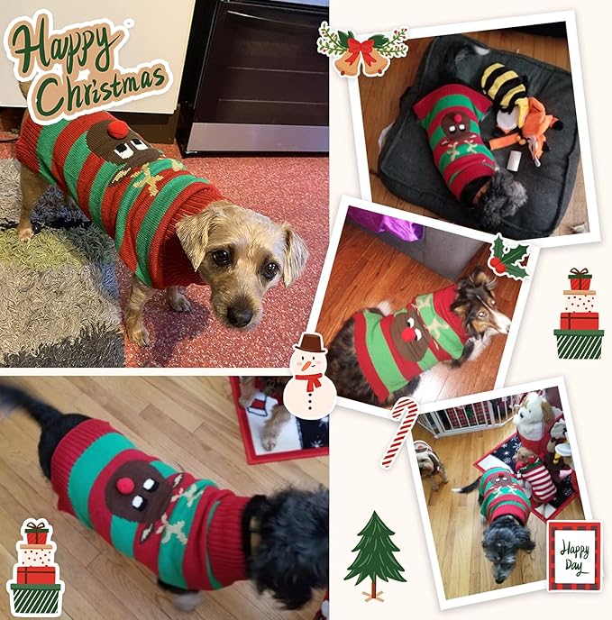 Dog Cat Christmas Sweater Boy Girl Ugly Reindeer Xmas Pet Clothes Holiday Puppy Costume New Year Gifts for Small Medium Large Dogs Outfits (XXS, Red Green Stripe Reindeer)