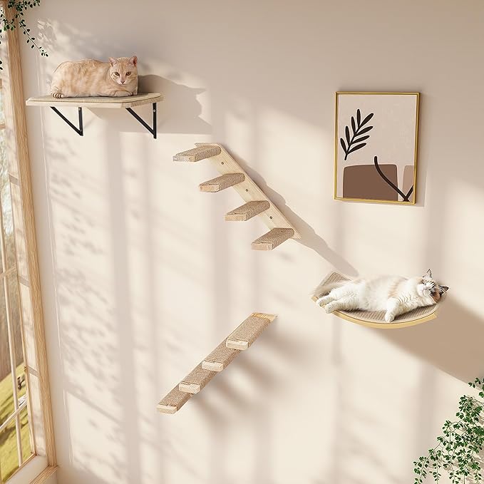 2PCS Cat Wall Shelves with Scratching Mat, 16.6x9.7 Inch Cats Wall Furniture, Solid Pine Wood Kitten Wall Mounted Floating Shelf, Window Perch Hammock for Pets Sleeping, Playing, Climbing